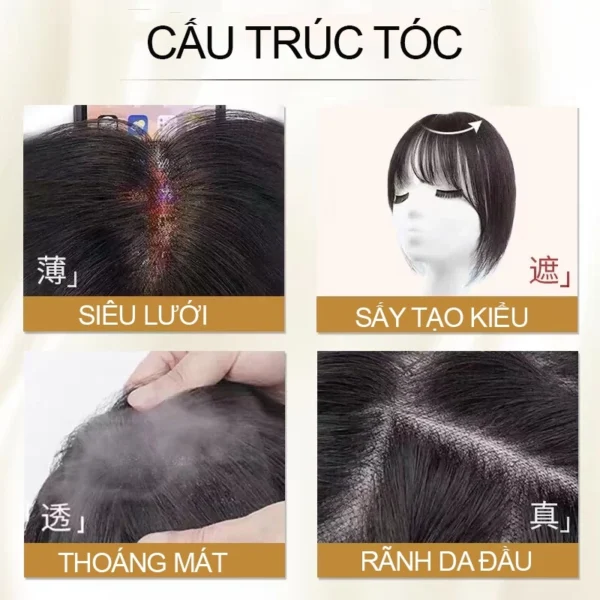 tóc mái thưa phủ hói siêu lưới 5D tóc thật 100%, tóc giả che hói mái thưa có rãnh da đầu