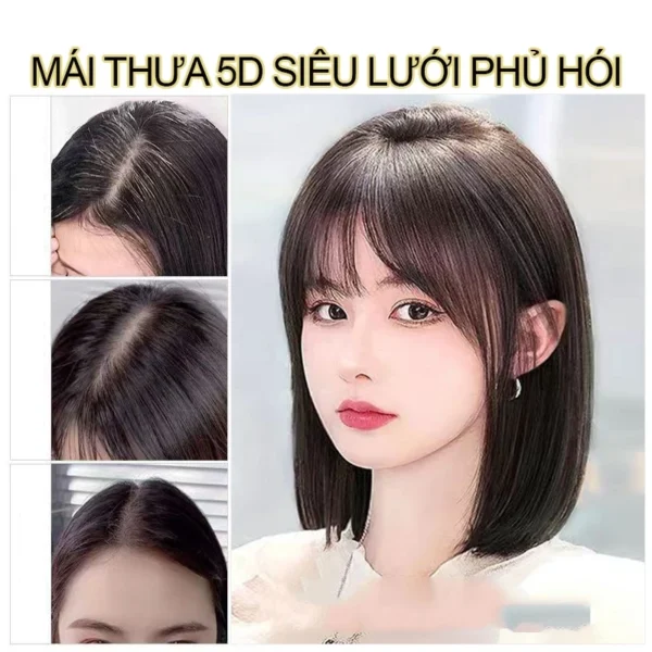 tóc mái thưa phủ hói siêu lưới 5D tóc thật 100%, tóc giả che hói mái thưa có rãnh da đầu