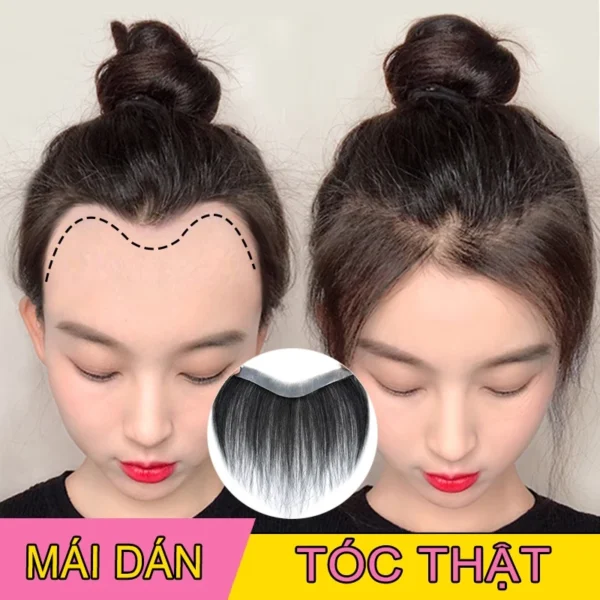 Mái dán che hói chữ M được làm từ 100% tóc thật, tạo được nhiều kiểu mái đa dạng
