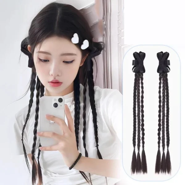 Tóc giả thắt bím phối kẹp nơ đen đi kèm dài 45cm, tạo kiểu thắt bính dễ dàng cho nữ y2k