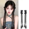 Tóc giả thắt bím phối kẹp nơ đen đi kèm dài 45cm, tạo kiểu thắt bính dễ dàng cho nữ y2k