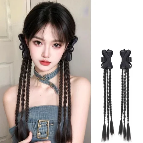 Tóc giả thắt bím phối kẹp nơ đen đi kèm dài 45cm, tạo kiểu thắt bính dễ dàng cho nữ y2k