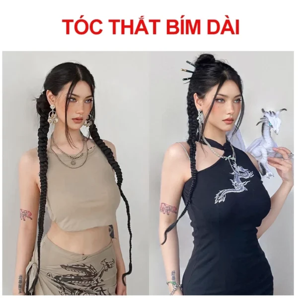 Tóc giả thắt bím dài 60cm cho nữ, phụ kiện tóc tết thắt bính chơi tết