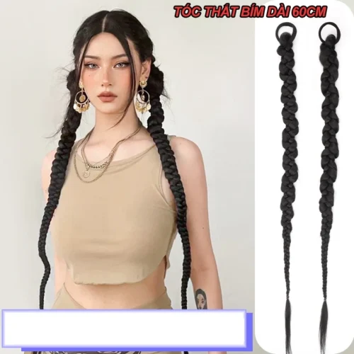 Tóc giả thắt bím dài 60cm cho nữ, phụ kiện tóc tết thắt bính chơi tết