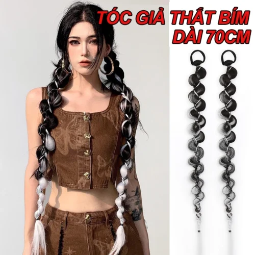 Tóc giả thắt bím dài light xám khói 70cm, tóc tết giả thắt bính 70cm chơi tết cho nữ