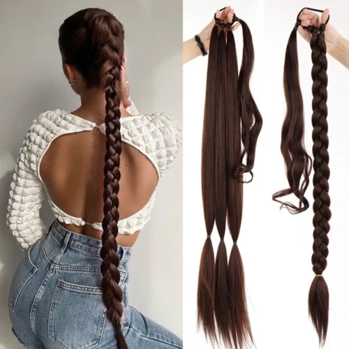 Tóc giả thắt bím chung với tóc thật dài 80cm cho nữ, tóc tết bính giả chung tóc thật giúp tự nhiên
